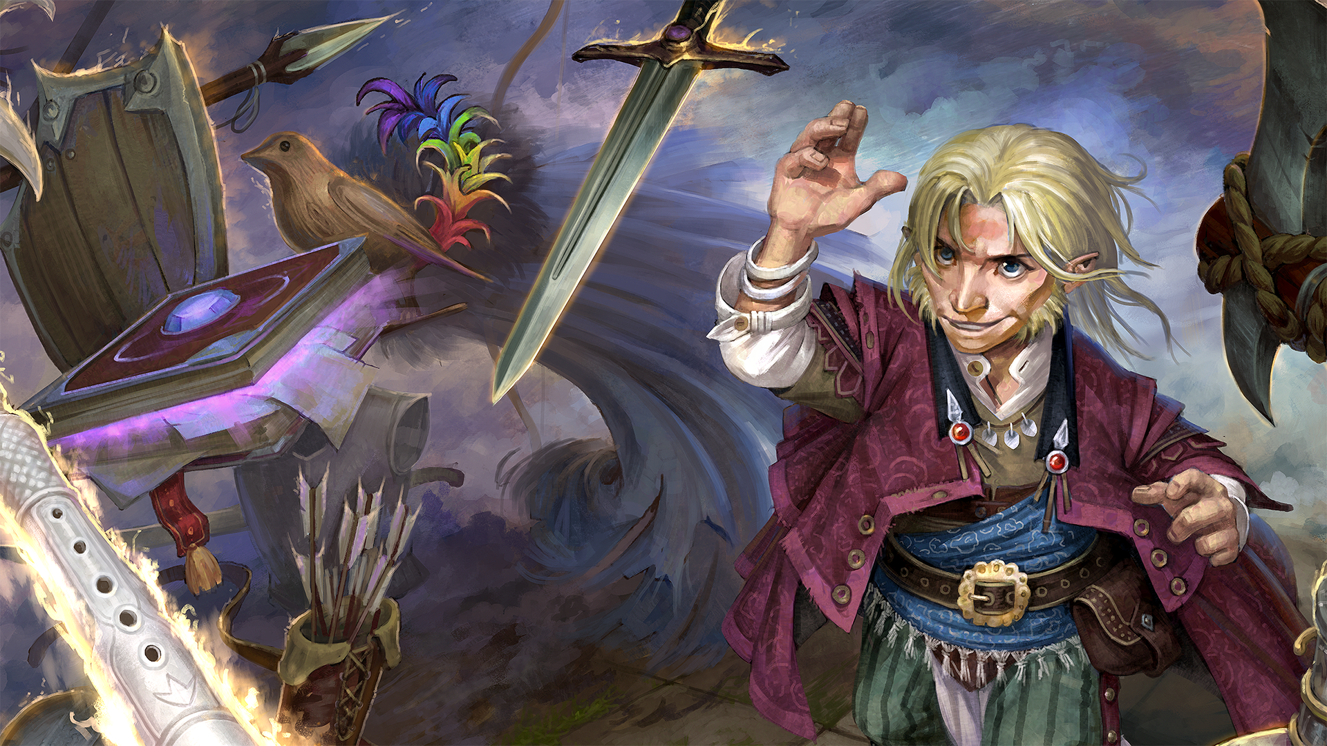 Pathfinder iconic bard Lem stands surrounded by a number of floating objects including his flute, a crossbow, a glowing book, and his short sword