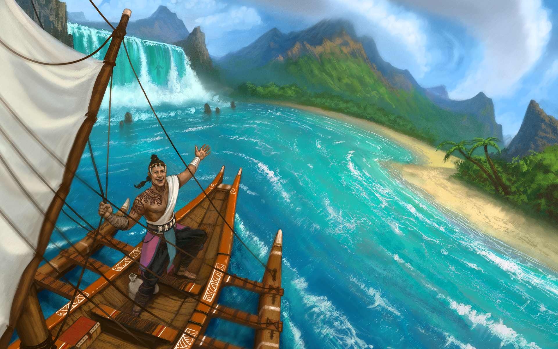 On a bright, sunny day a Polynesian-inspired dinghy pulls up to an island with a waterfall on the left and mountains in the distance. Behind the waterfall, there's a subtle sillhouette of a woman. The ocean surrounding the island is a comforting aqua blue. Taiwalei, a human Pathfinder, faces the viewer, excitedly beckoning toward the island, smiling and eager for the adventure ahead